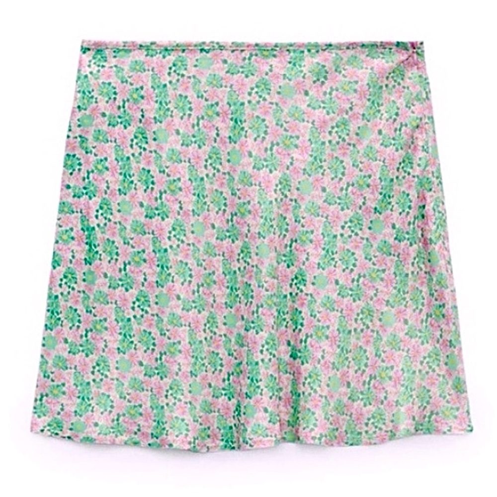 Zara Green and Pink Floral Mini Skirt
